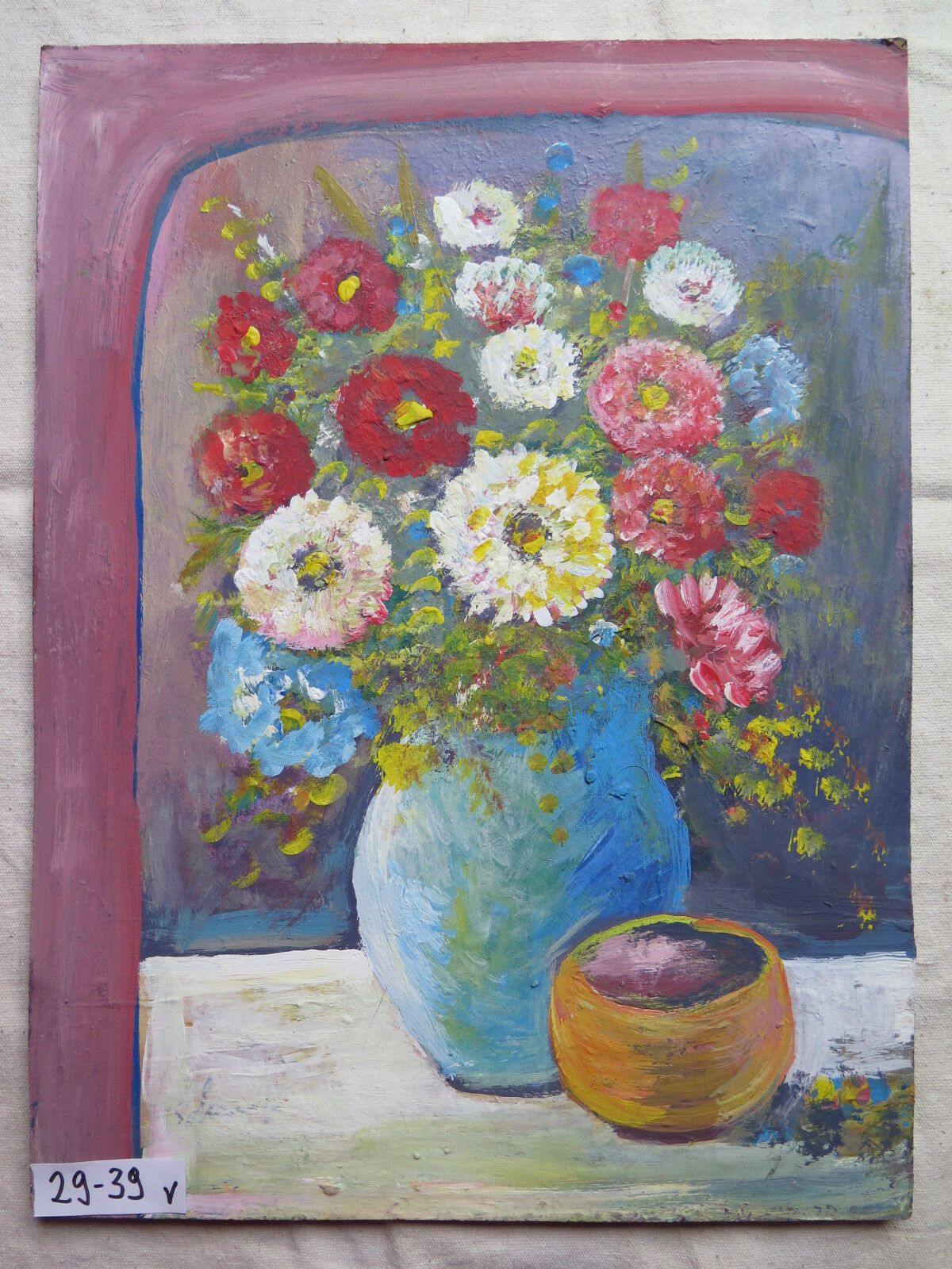 FLORAL PAINTING OIL PAINTED ON TABLE CIRCA 1950 SIGNED IMRPESSIONIST STYLE v