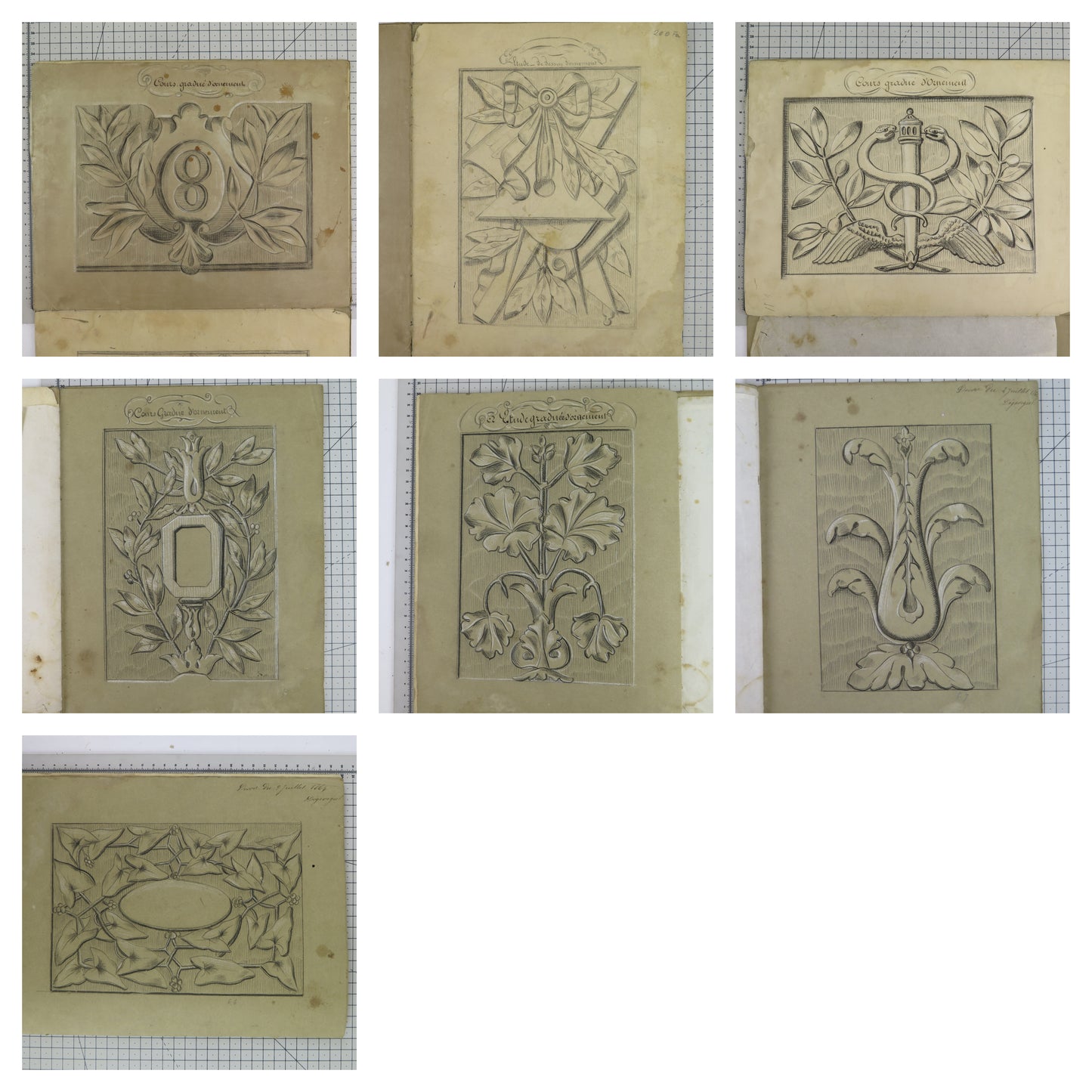 Antico album da disegno di studente francese con voti 16 disegni antichi bm53.5a