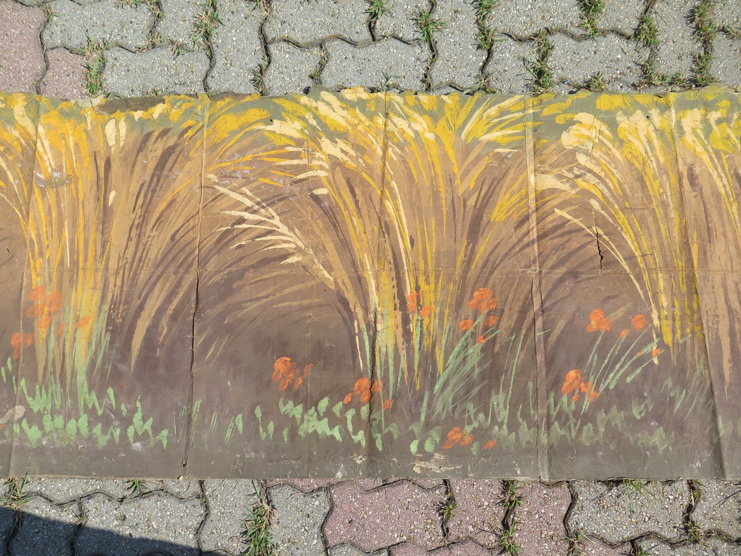 Dipinto di grandi dimensioni da scenografia teatrale vintage campo di grano dipinto a mano usato come fondale di scena CL2.54