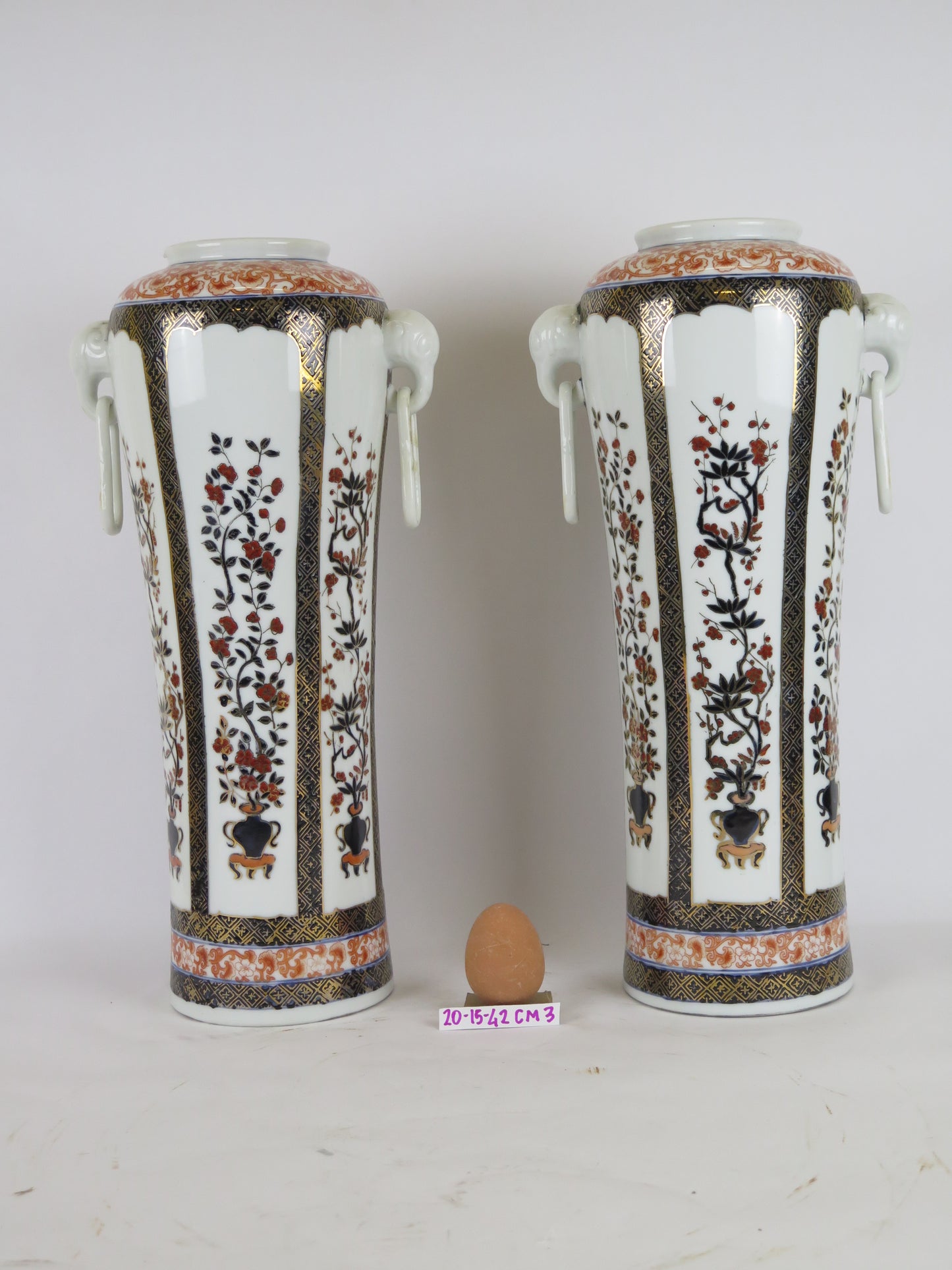 Pair of Chinese Canton ceramic vases with handles hand painted floral flowers CM3