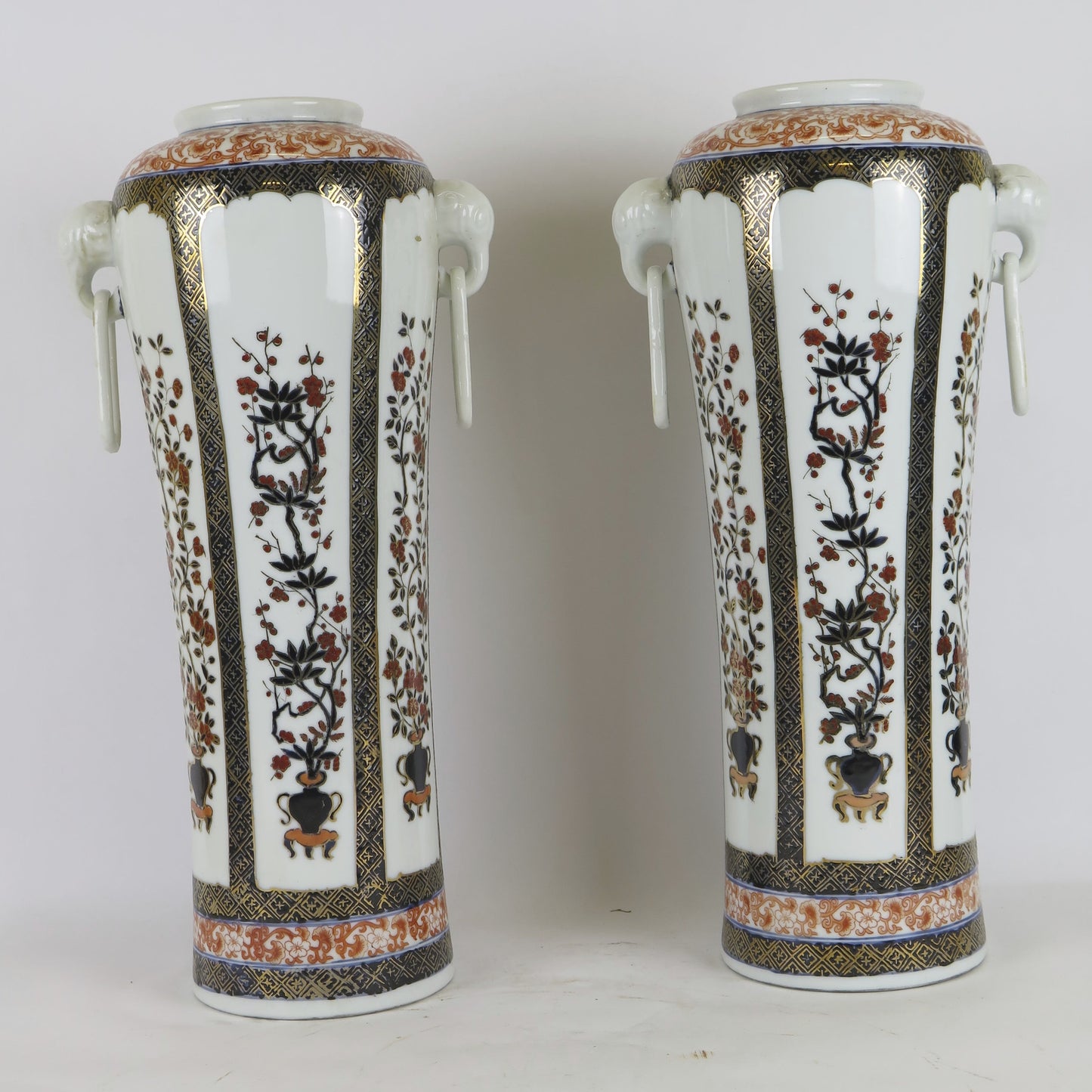 Pair of Chinese Canton ceramic vases with handles hand painted floral flowers CM3