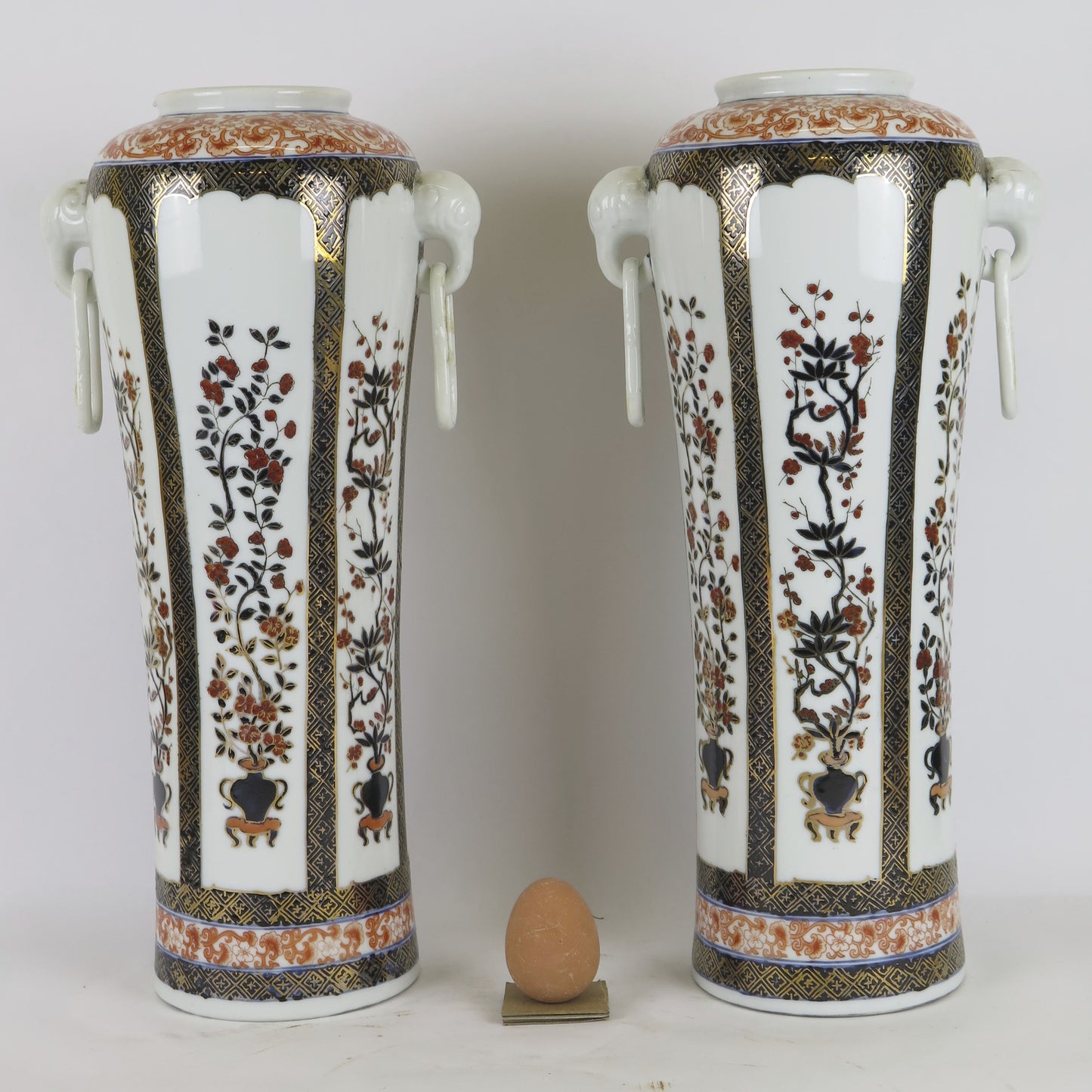 Pair of Chinese Canton ceramic vases with handles hand painted floral flowers CM3