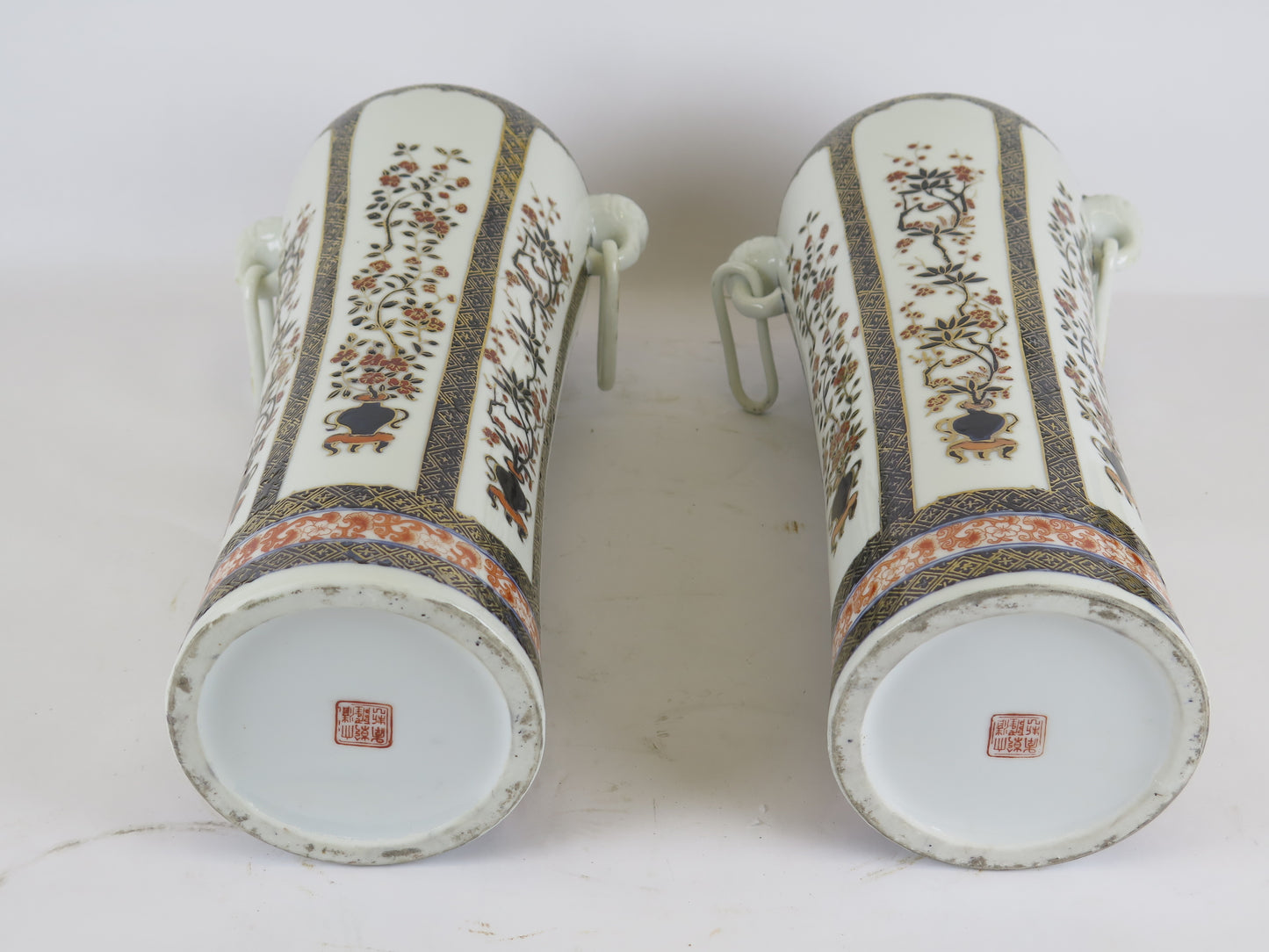 Pair of Chinese Canton ceramic vases with handles hand painted floral flowers CM3