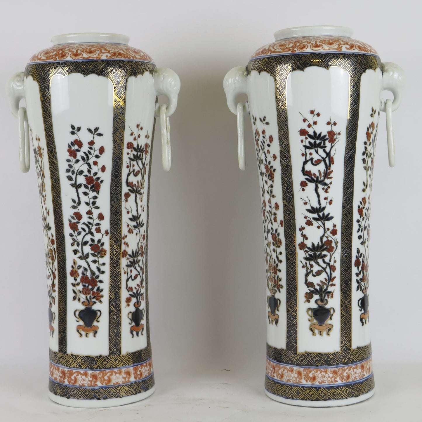 Pair of Chinese Canton ceramic vases with handles hand painted floral flowers CM3