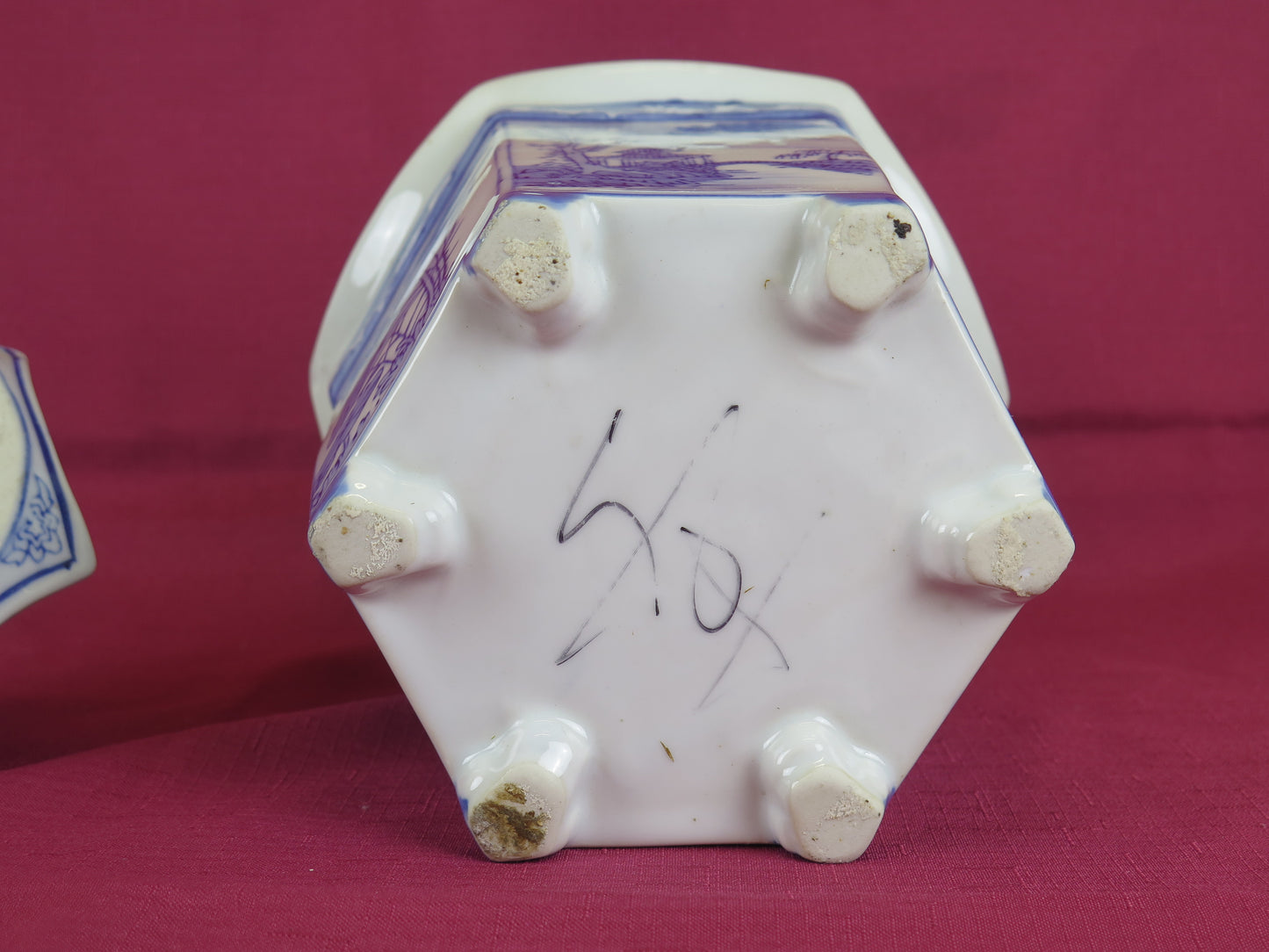Vaso di ceramica cinese vintage da collezione cina bianco blu dipinto mano CM4