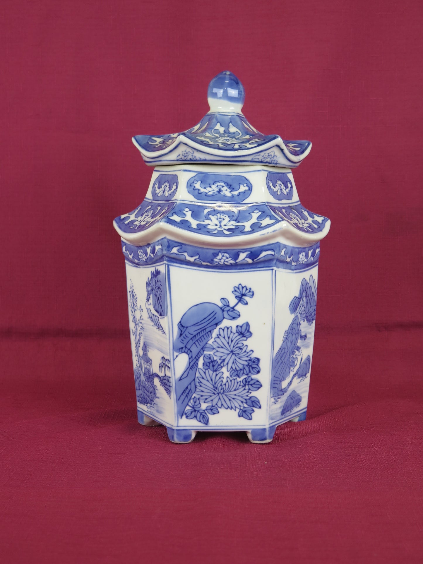 Vaso di ceramica cinese vintage da collezione cina bianco blu dipinto mano CM4