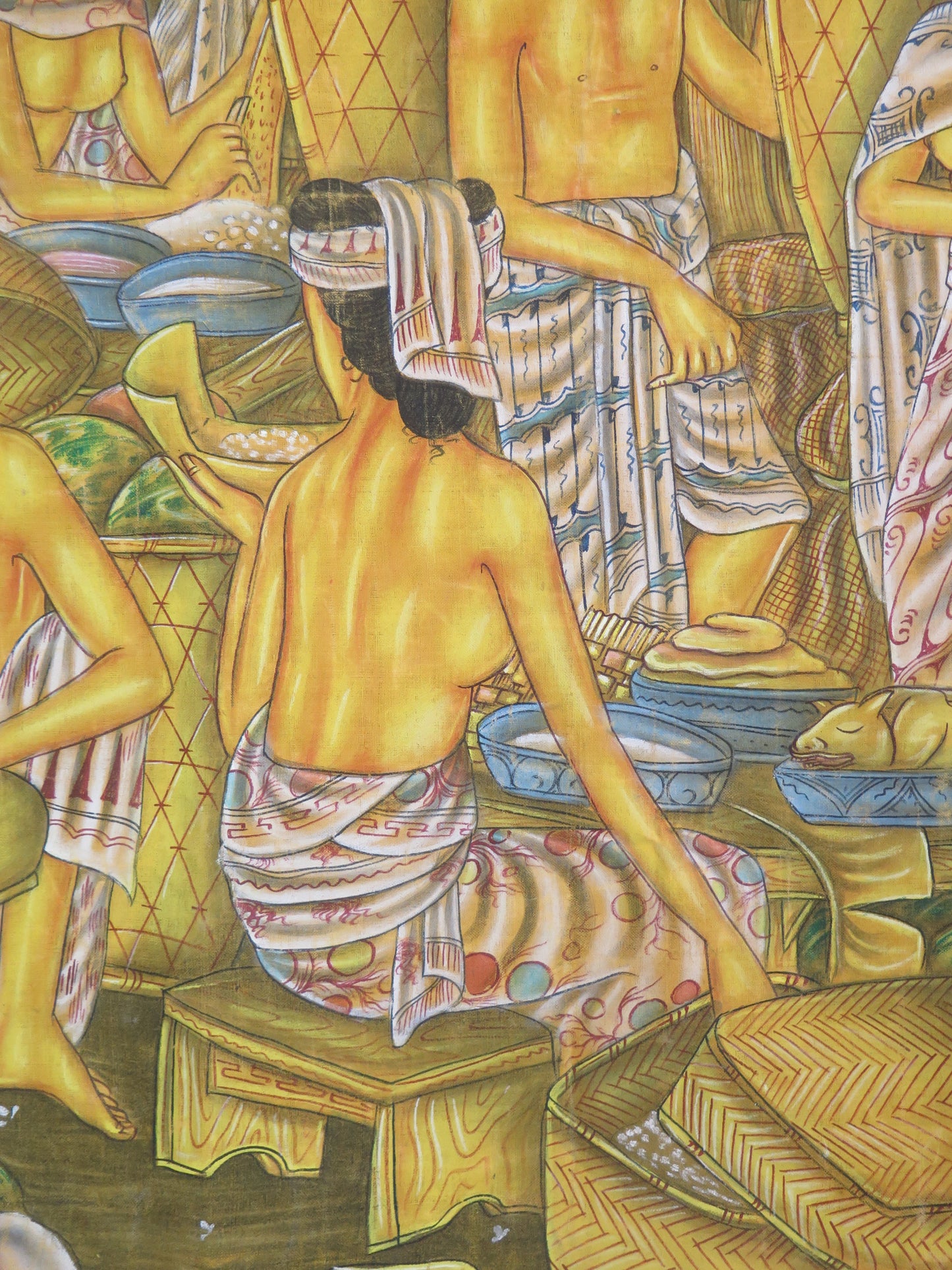 Due quadri Bali Ubud Indonesia di grandi dimensioni con paesaggi e figure al lavoro nei capi quadro balinese in coppia firmato su tela