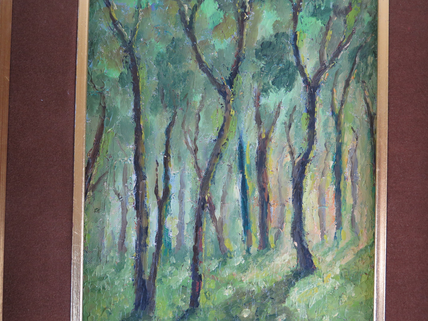 Quadro ad olio firmato Poggio opera del pittore piemontese Giacomo Poggio anni '60 paesaggio boschivo verde intenso X1