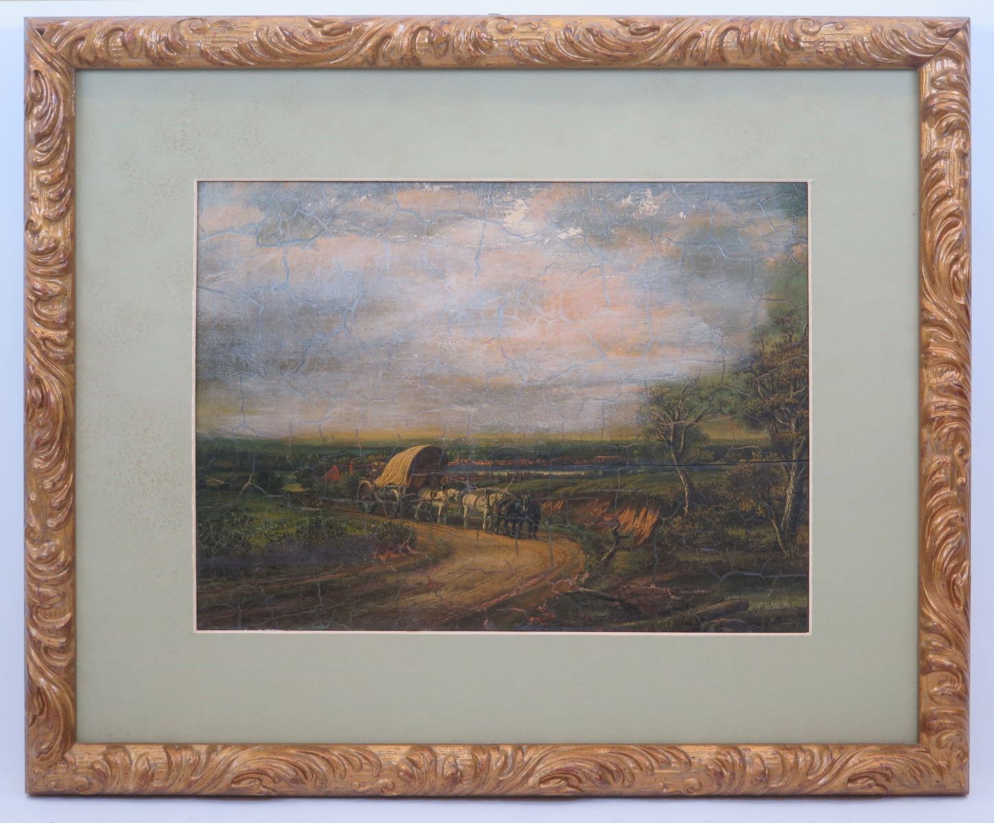 Old painting oil on panel landscape North America United States horses bt4