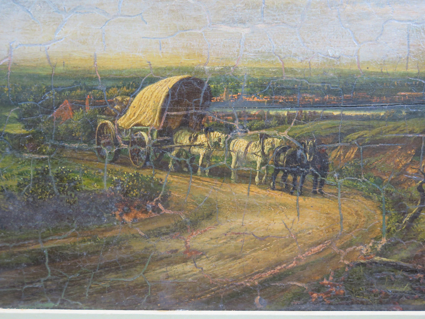 Vecchio quadro olio su tavola paesaggio nord America stati uniti cavalli bt4