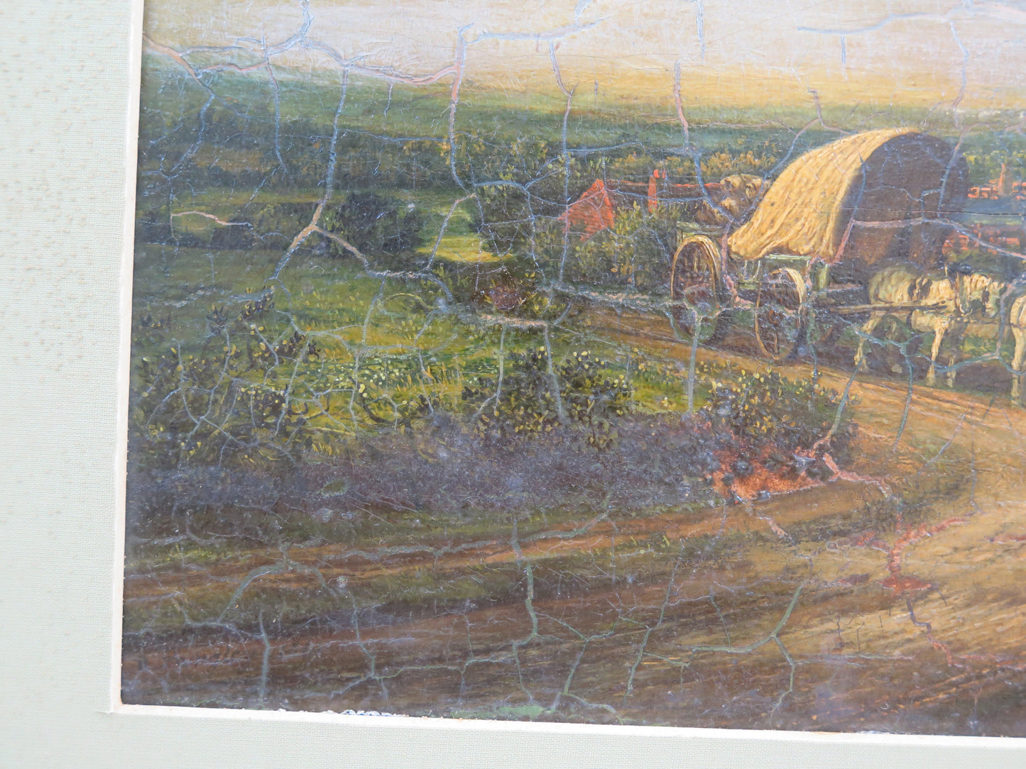 Vecchio quadro olio su tavola paesaggio nord America stati uniti cavalli bt4