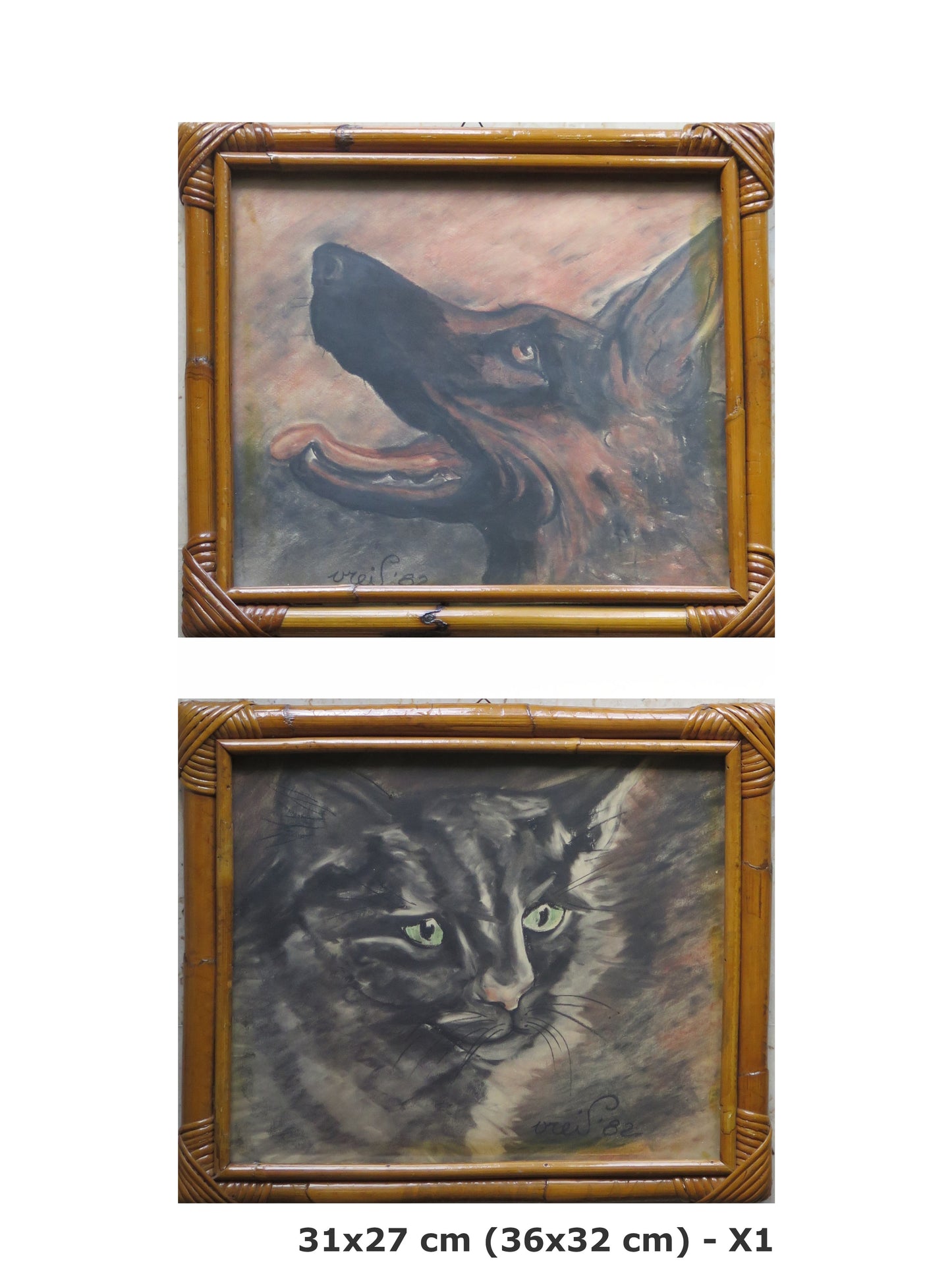 Dog and cat two paintings vintage drawings German shepherd and long haired cat portrait animals couple paintings X1