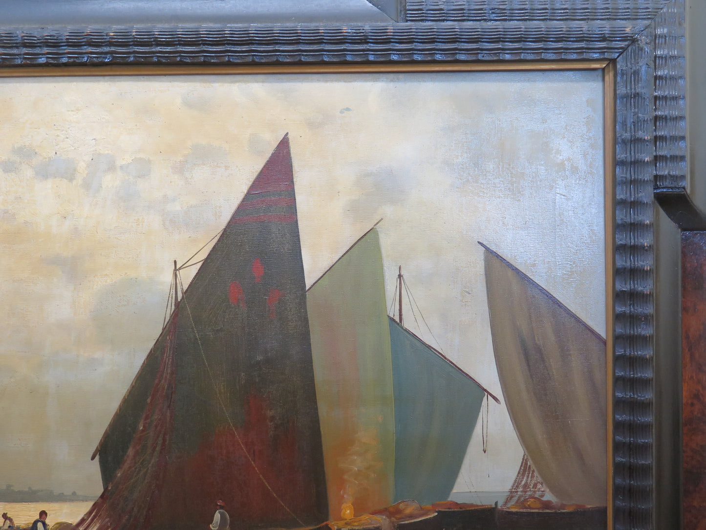 Ancient Neapolitan painting signed Eduardo Forlenza marine landscape sea with boats in original 19th century guilloche frame of large size