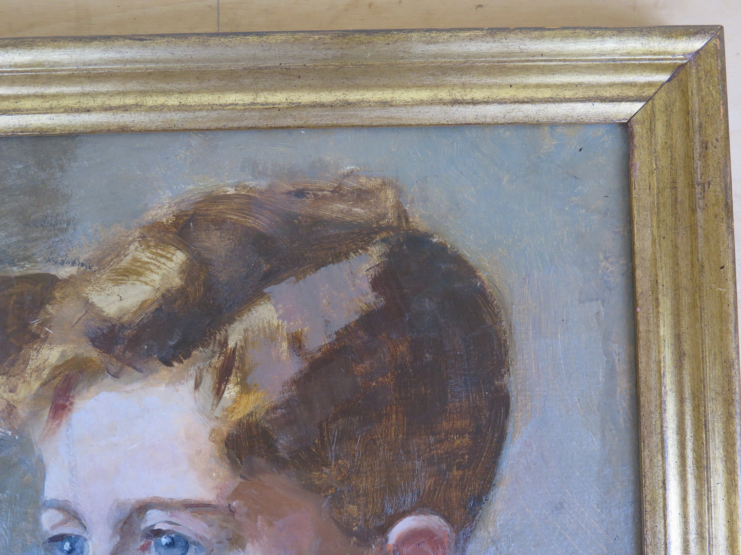 Antique painting portrait of a young blond boy with blue eyes oil painting on board with golden frame X1