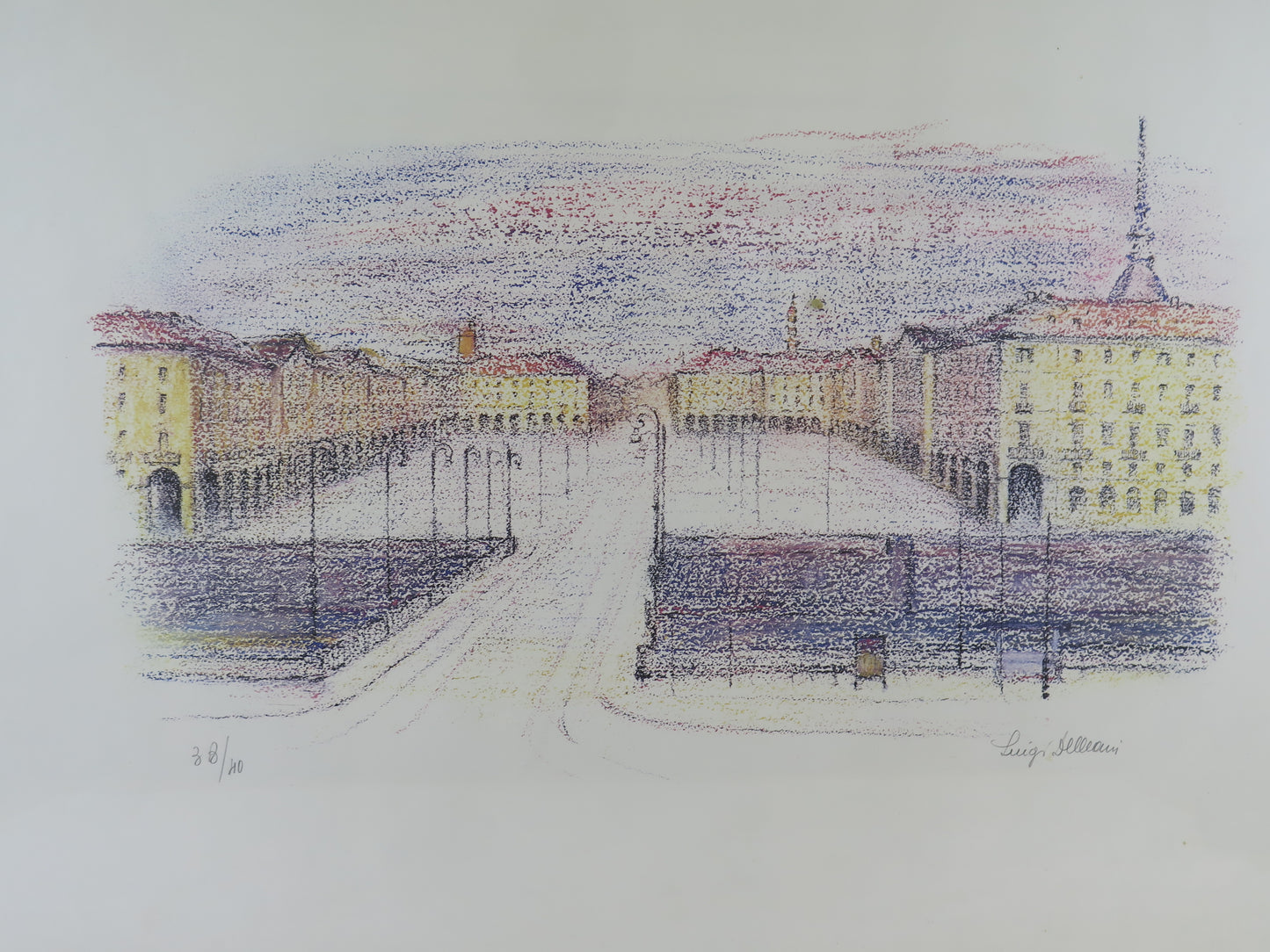 Luigi Delleani (Turin 1918-1997) original lithograph signed and numbered view of Piazza Vittorio Veneto in Turin color print VAS