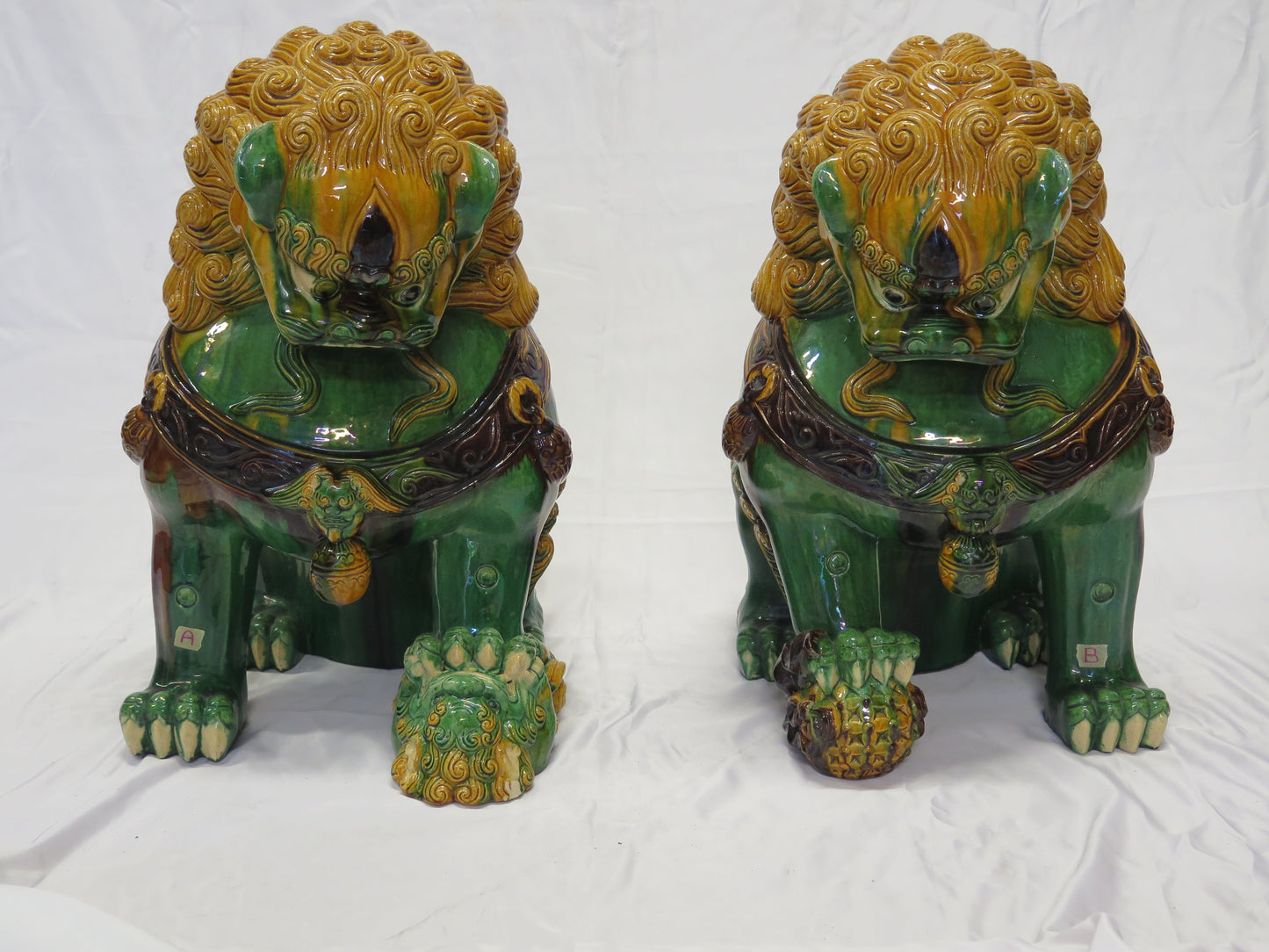 Two large ceramic foo dogs 88cm tall vintage Chinese ceramic hand painted Shishi China Chinese guard lions large glazed ceramic