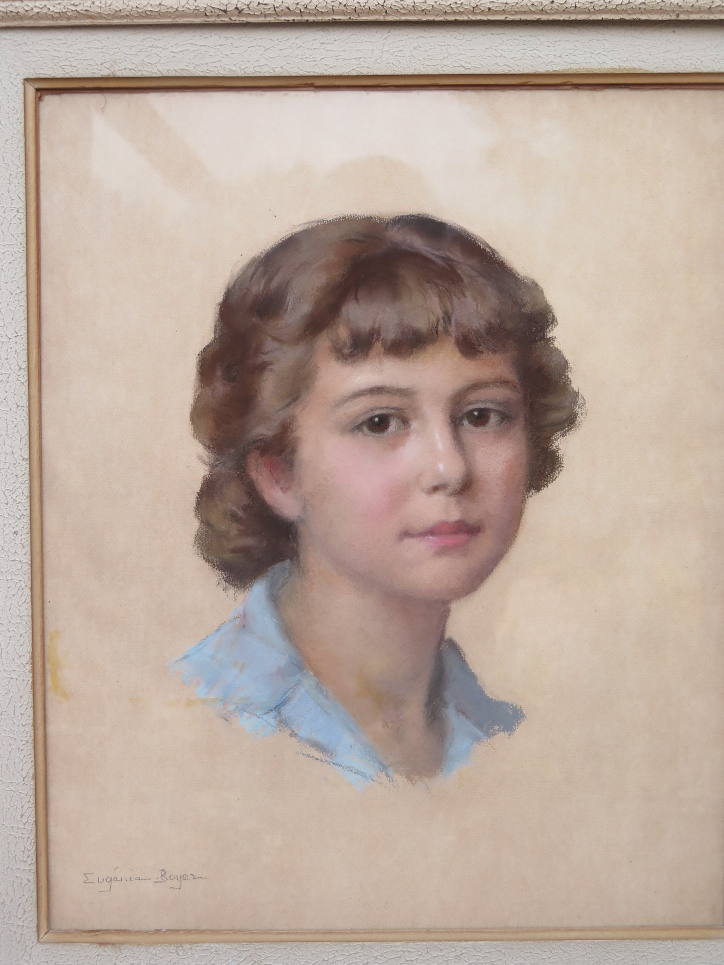 Antique portrait of a young French girl signed Eugenia Boyer pastel on paper early 20th century with wooden frame