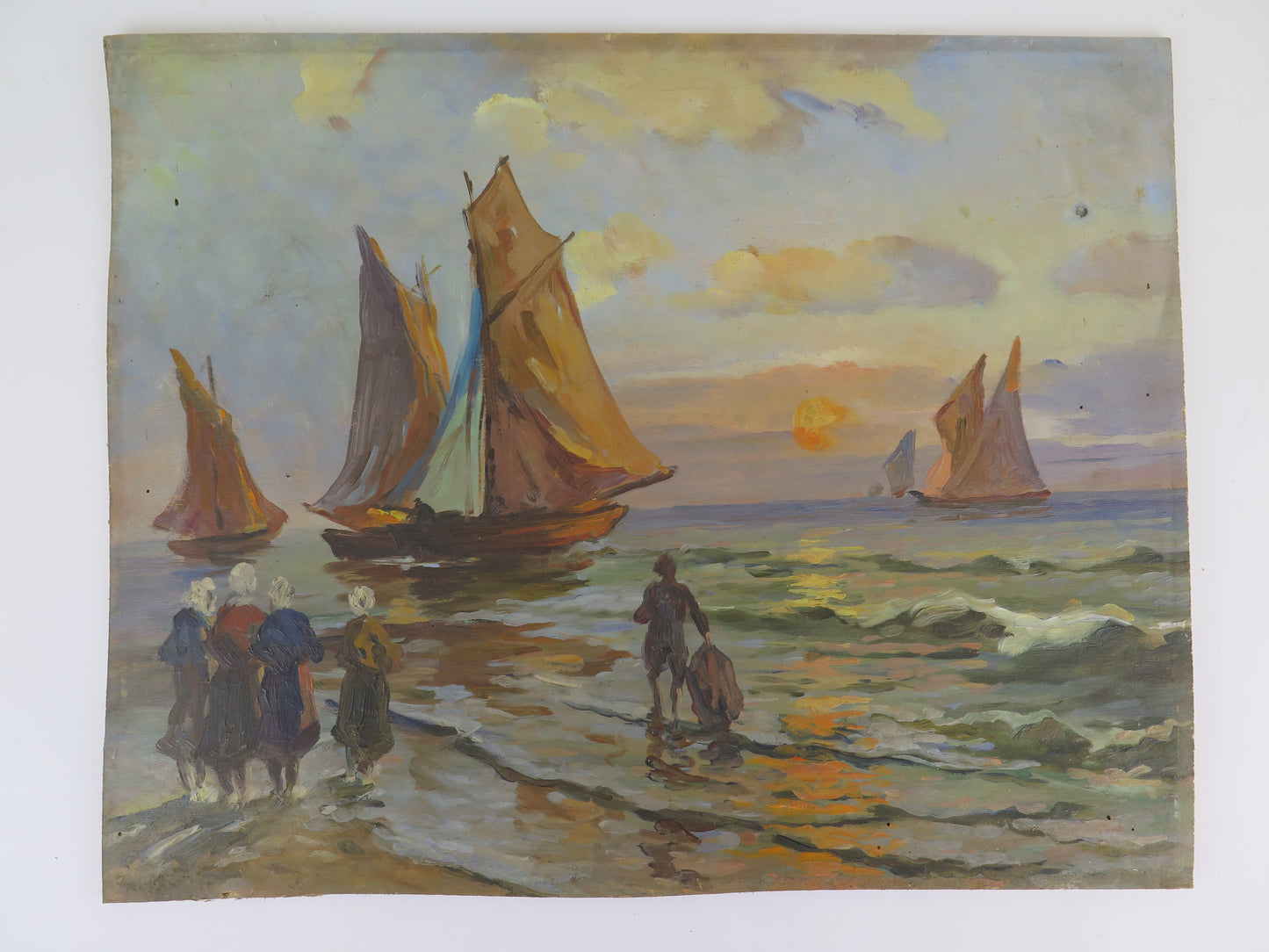 Antique painting sea landscape with fishing boats and original black and gold art deco wooden frame XSC