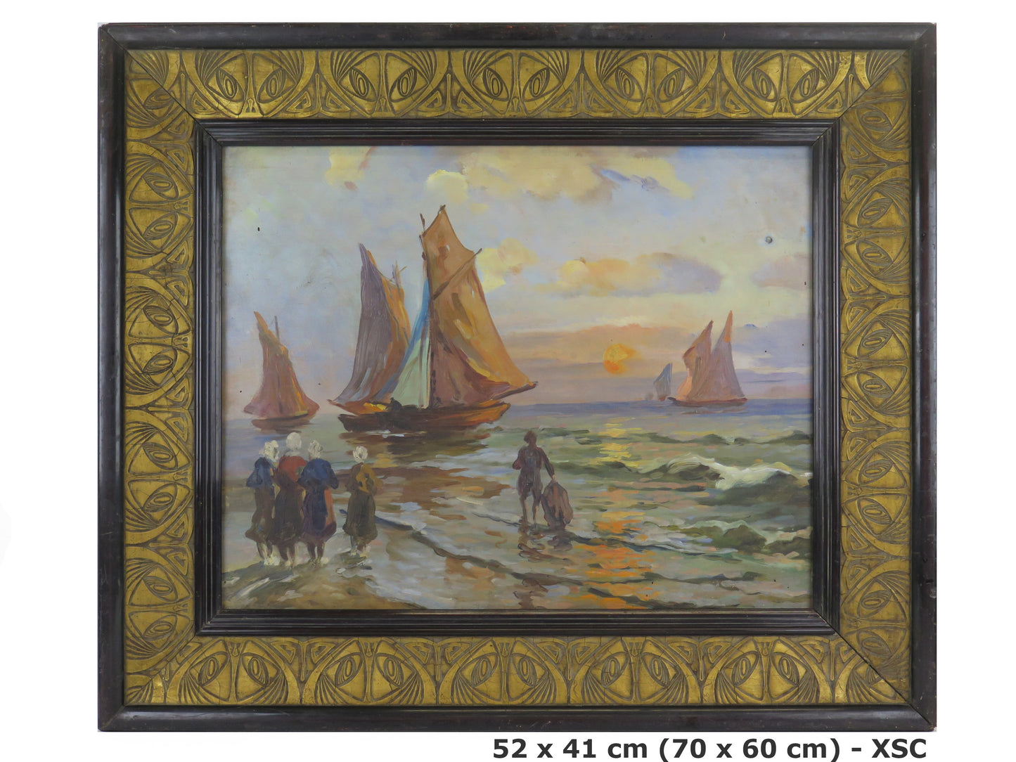 Antique painting sea landscape with fishing boats and original black and gold art deco wooden frame XSC