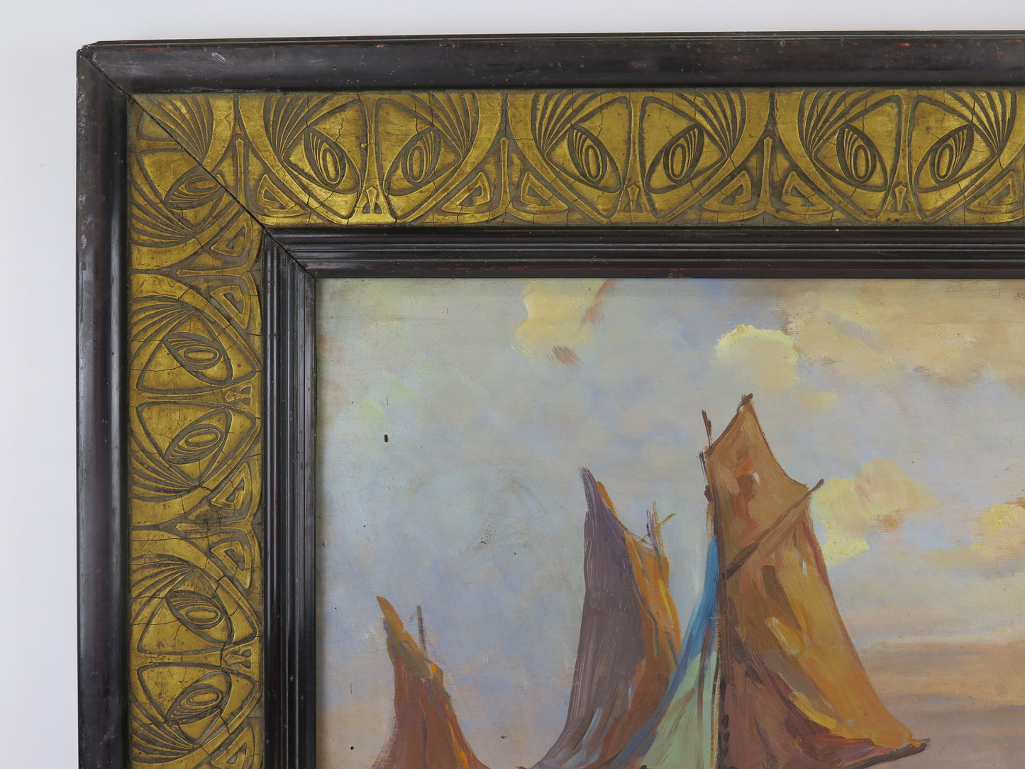 Antique painting sea landscape with fishing boats and original black and gold art deco wooden frame XSC