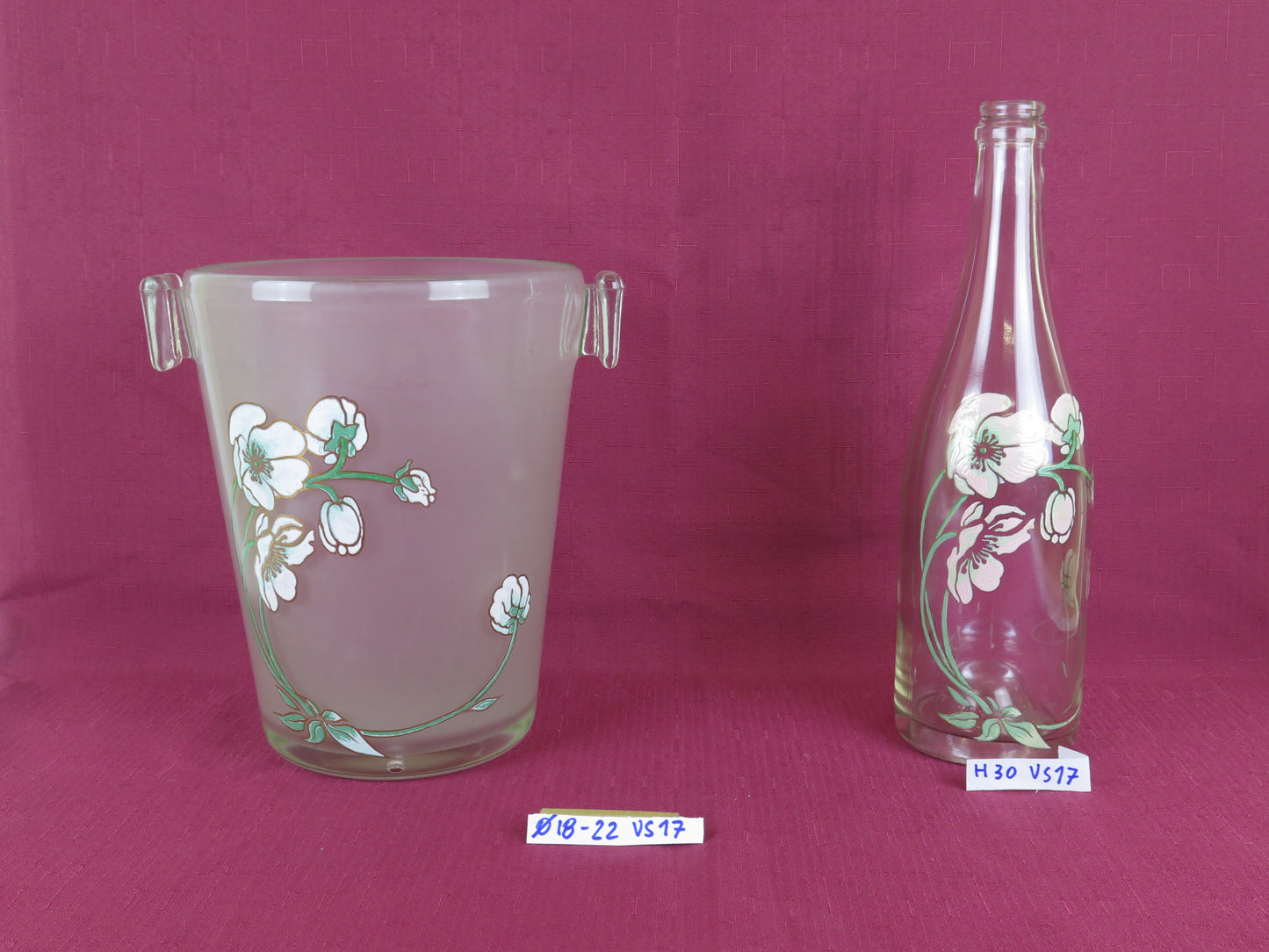 Floral painted Perrier Jouet champagne bottle and ice bucket vs17