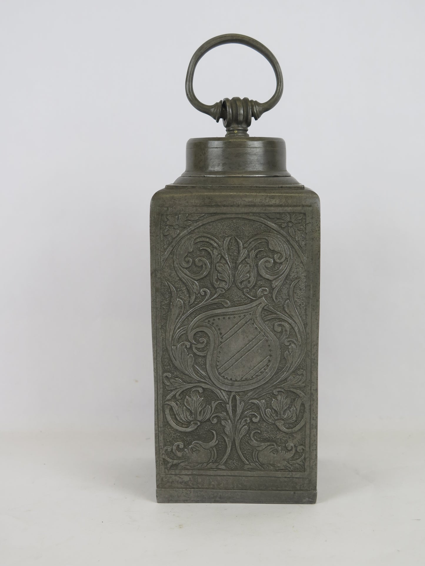 Antique pewter decanter bottle with relief decoration Germany 1890 1900 marked on the bottom with screw cap VA6