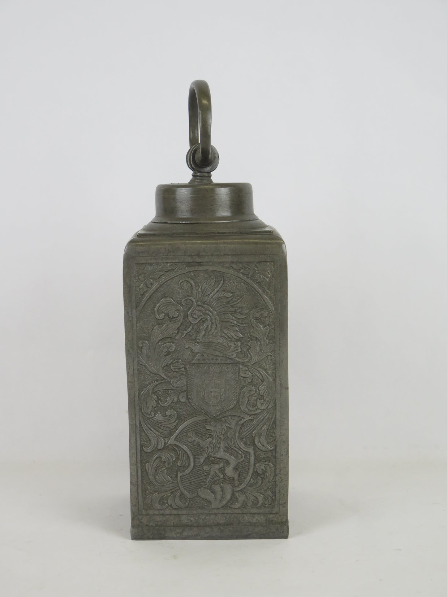 Antique pewter decanter bottle with relief decoration Germany 1890 1900 marked on the bottom with screw cap VA6