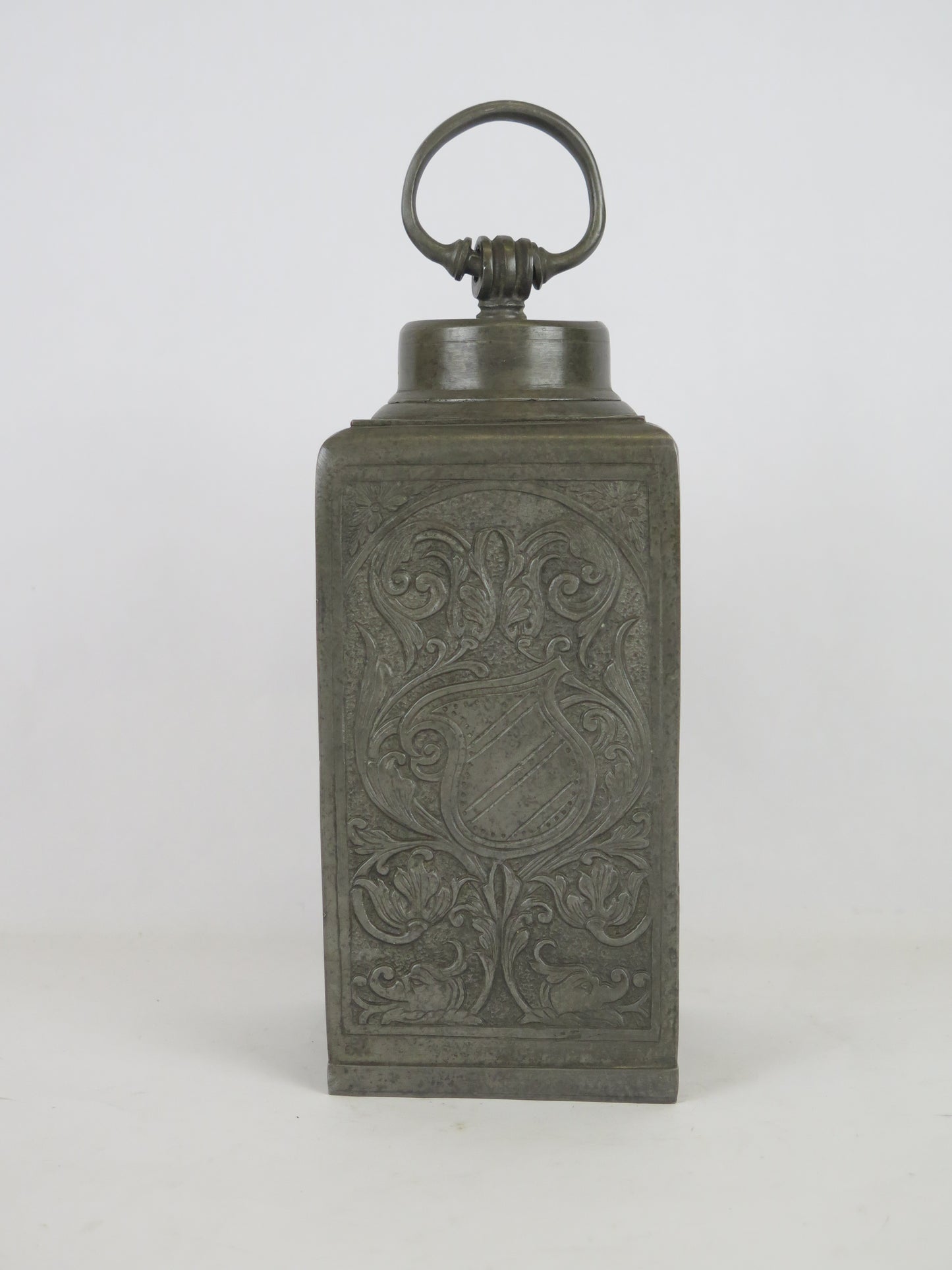 Antique pewter decanter bottle with relief decoration Germany 1890 1900 marked on the bottom with screw cap VA6