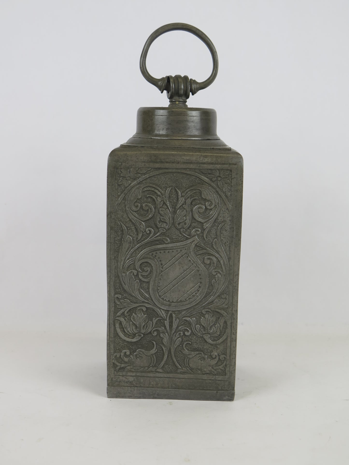 Antique pewter decanter bottle with relief decoration Germany 1890 1900 marked on the bottom with screw cap VA6