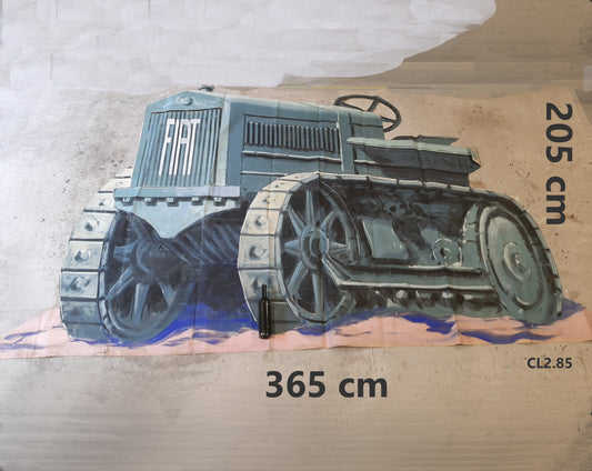 LARGE VINTAGE THEATER PAINTING SCENOGRAPHY FIAT TRACTOR BACKGROUND CL2.85