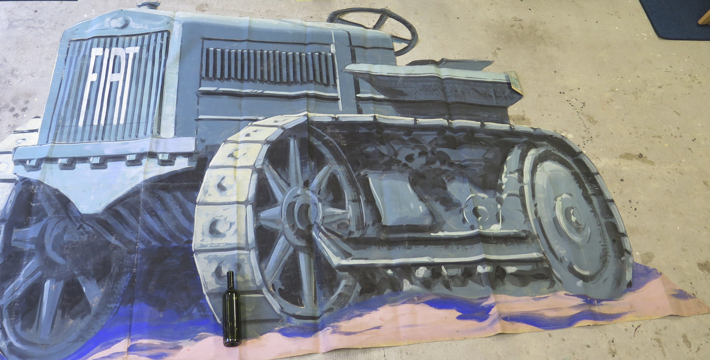 LARGE VINTAGE THEATER PAINTING SCENOGRAPHY FIAT TRACTOR BACKGROUND CL2.85