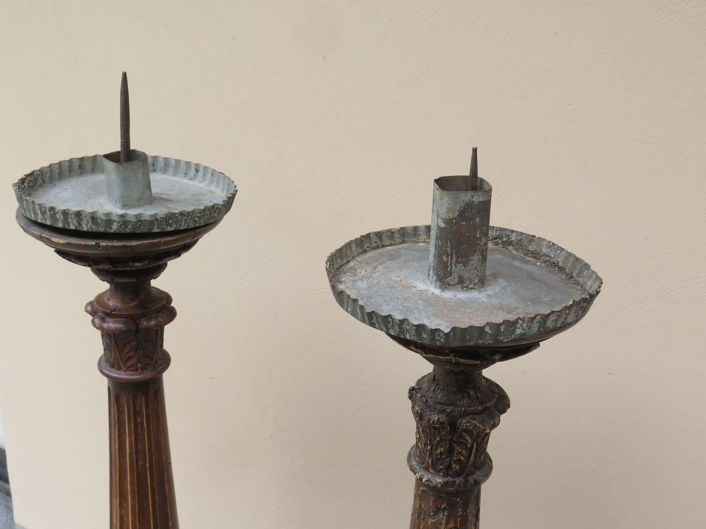 Two large wooden floor lamps pair of antique wooden torch holders Large XM ceremonial candlestick
