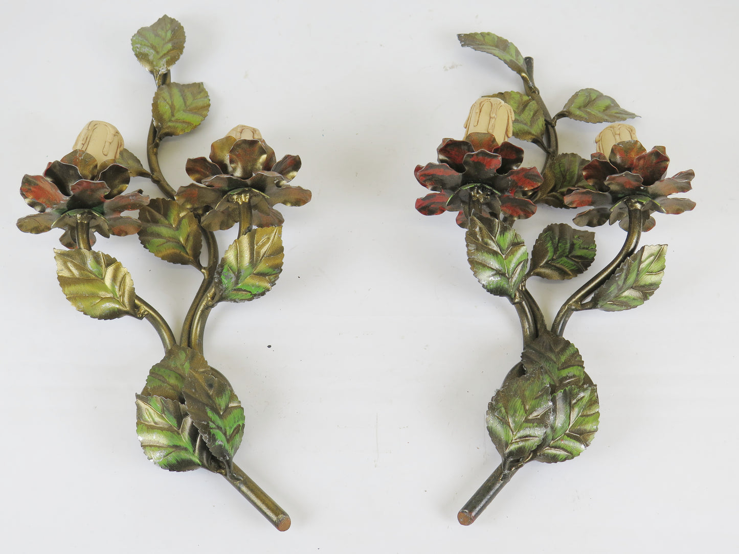 Pair of floral appliques leaves flowers in wrought iron with two vintage wall lights X17 9-10