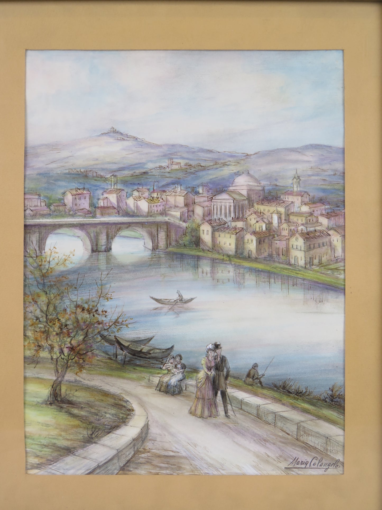 Due quadri con vedute della città di Torino paesaggi firmati Colangelo vecchi disegni su carta veduta Gran Madre Po Superga X7