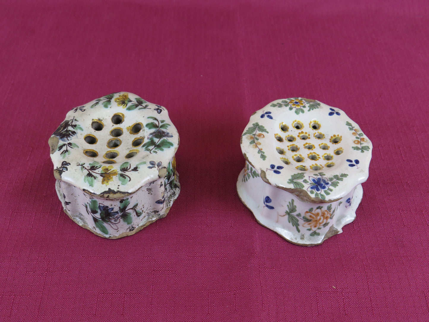 Two antique majolica bouquet holders ceramic planter vase vs14