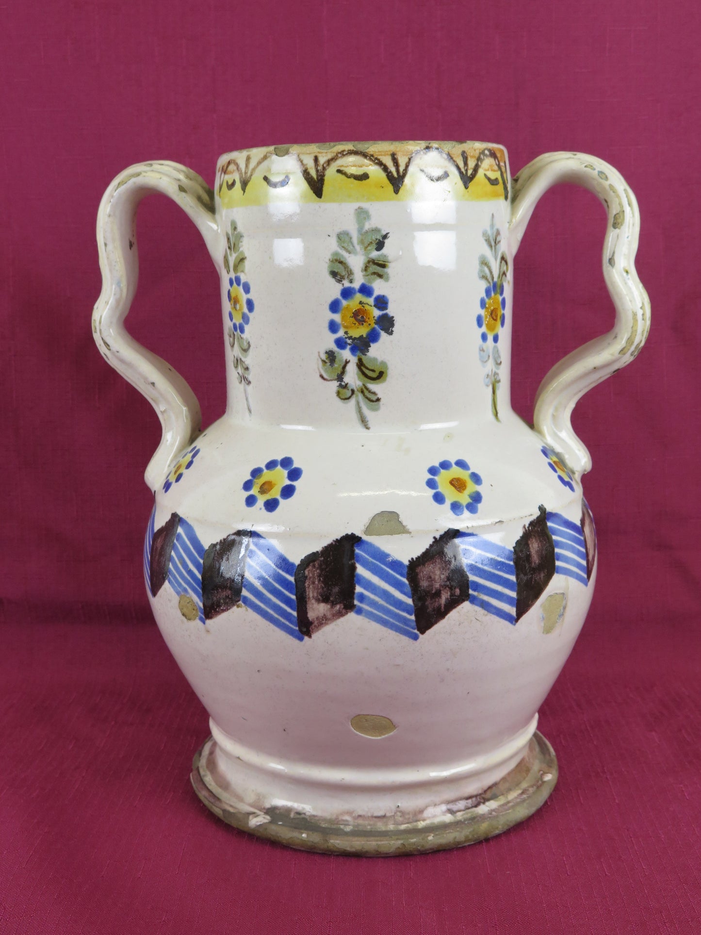 Brocca in ceramica a due bracci antica Puglia inizio XIX secolo vaso ceramica antico diipinto a mano VS15