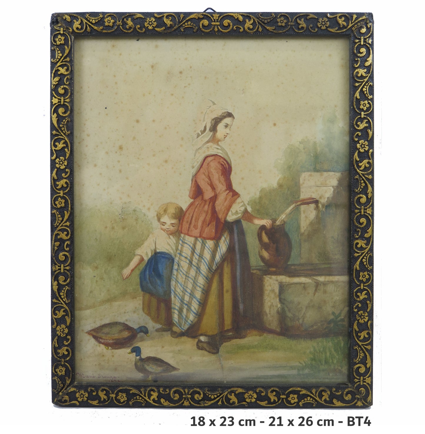 Antique signed mother and child portrait painting dated 1874 painted bt4