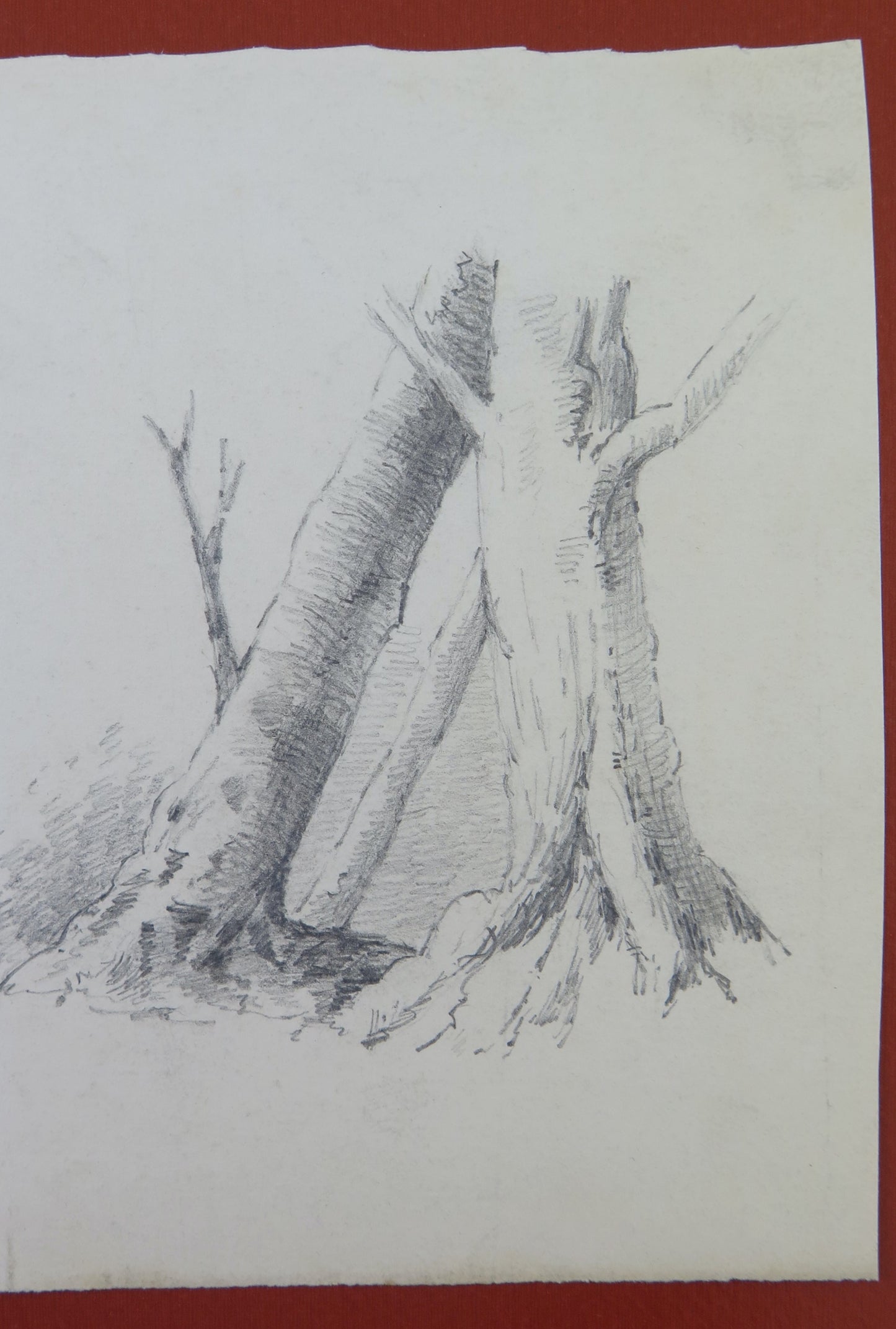 ANTIQUE PENCIL DRAWING ON PAPER CUT TREES IN THE COUNTRYSIDE SIGNED PAINTING BM53.5b