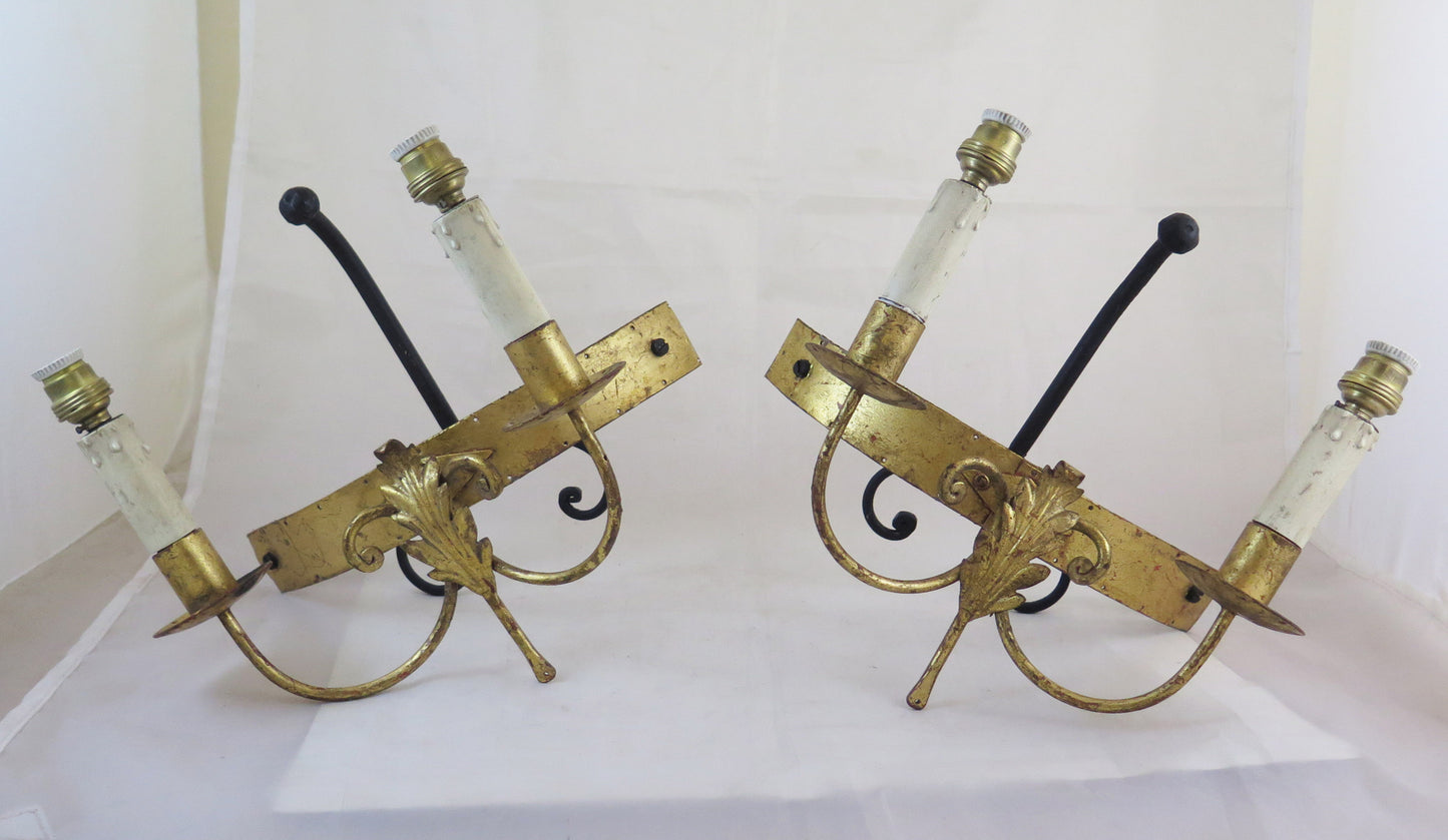 PAIR OF HIGH QUALITY HANDMADE WROUGHT IRON WALL LIGHTS WITH TWO FLAMES CH15