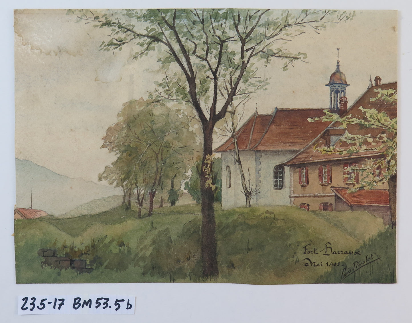 ANTIQUE WATERCOLOR PAINTING ALPINE LANDSCAPE FORT BARRAUX FRANCE BM53.5b