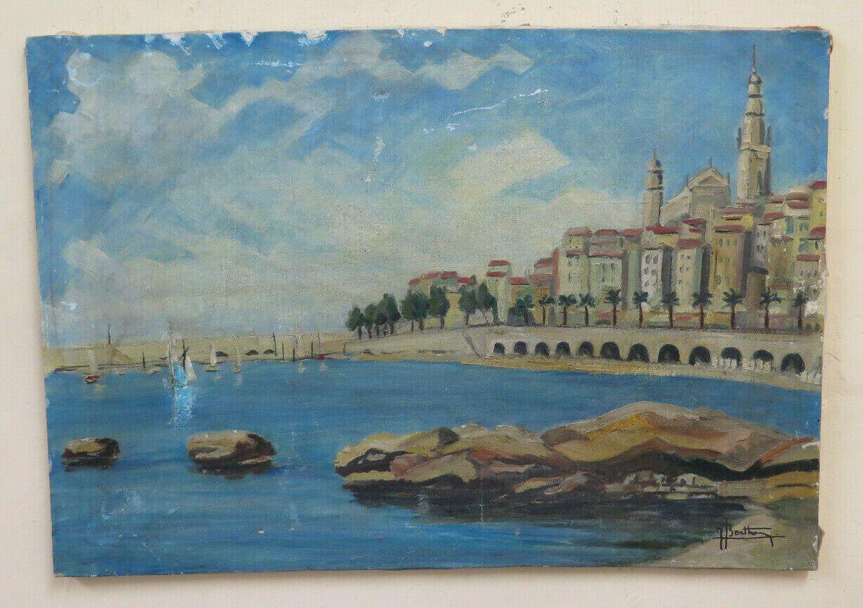 QUADRO AD OLIO VEDUTA DI MENTONE MENTON COSTA AZZURRA FIRMATO BERTHOMIEU BM45 - Belbello Antiques