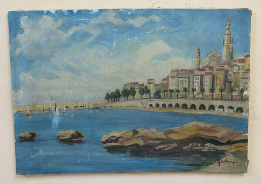 QUADRO AD OLIO VEDUTA DI MENTONE MENTON COSTA AZZURRA FIRMATO BERTHOMIEU BM45 - Belbello Antiques