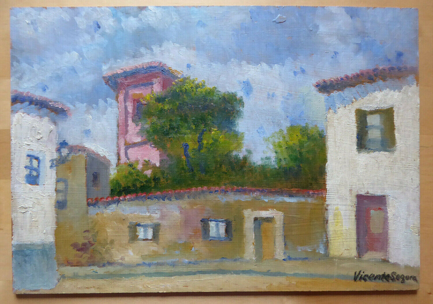 ROMANTIC VIEW OF A VILLAGE VINTAGE PAINTING SIGNED BY SPANISH PAINTER SPAIN MD1 