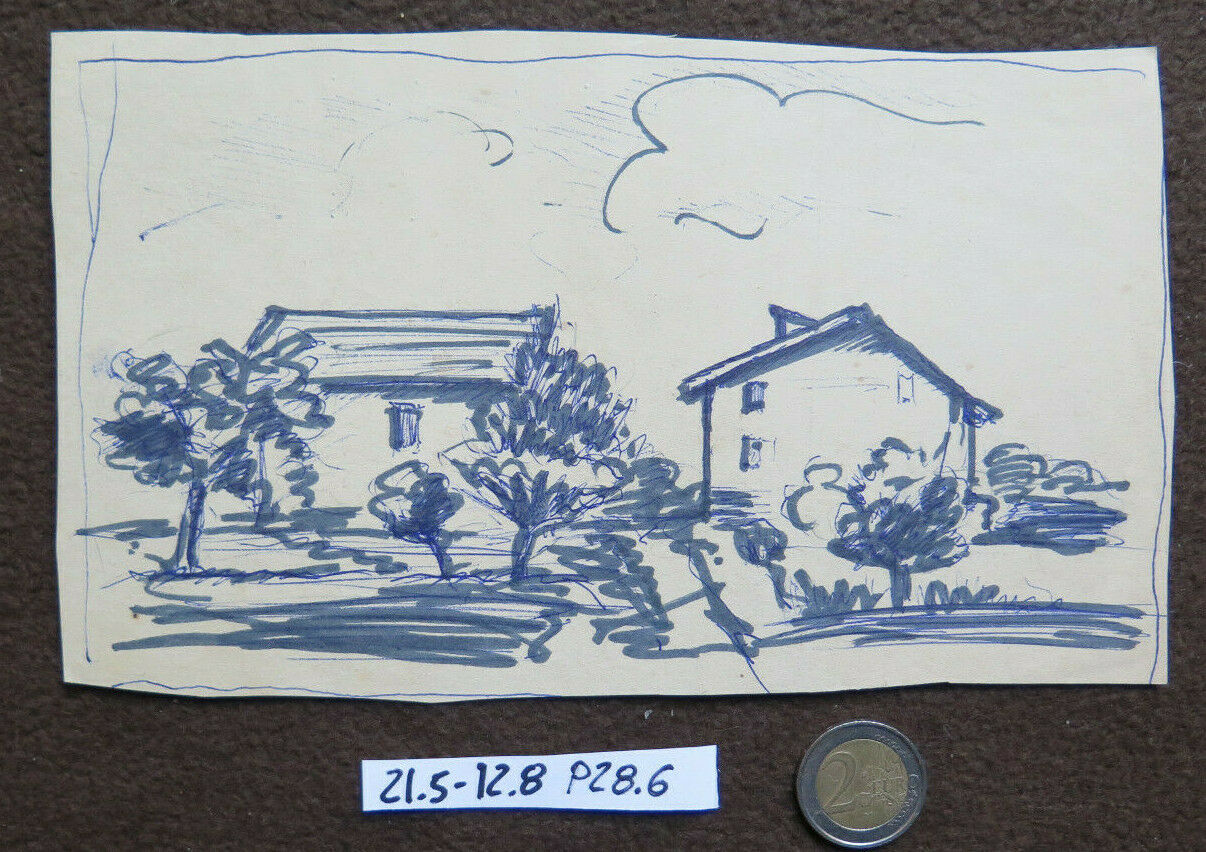 DISEGNO ANTICO PAESAGGIO CON CASE DI CAMPAGNA VEDUTA DI PAESE SU CARTA P28.6