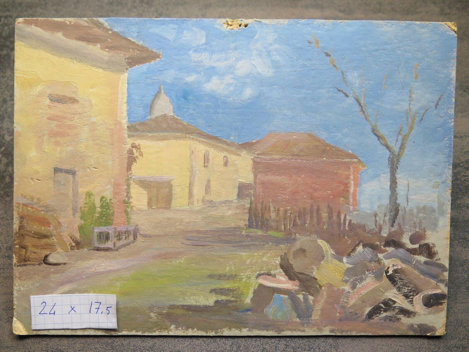 24x17,5 cm PICCOLO DIPINTO AD OLIO VINTAGE VEDUTA VECCHIO BORGO DI CAMPAGNA P1 - Belbello Antiques