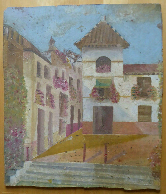 VEDUTA DI PAESE IN STILE IMPRESSIONISTA VECCHIO QUADRO DIPINTO OLIO SPAGNOLO MD3 - Belbello Antiques