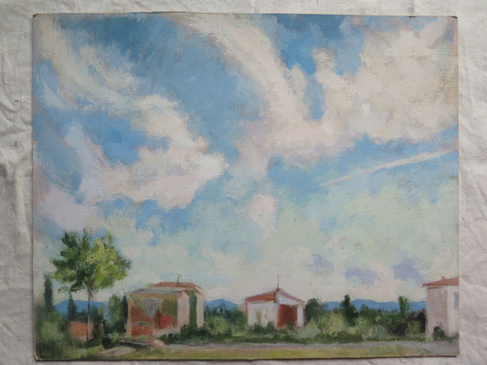 PAESAGGIO DI CAMPAGNA IN PRIMAVERA QUADRO MODERNO 1960 DIPINTO OLIO SU TAVOLA p9