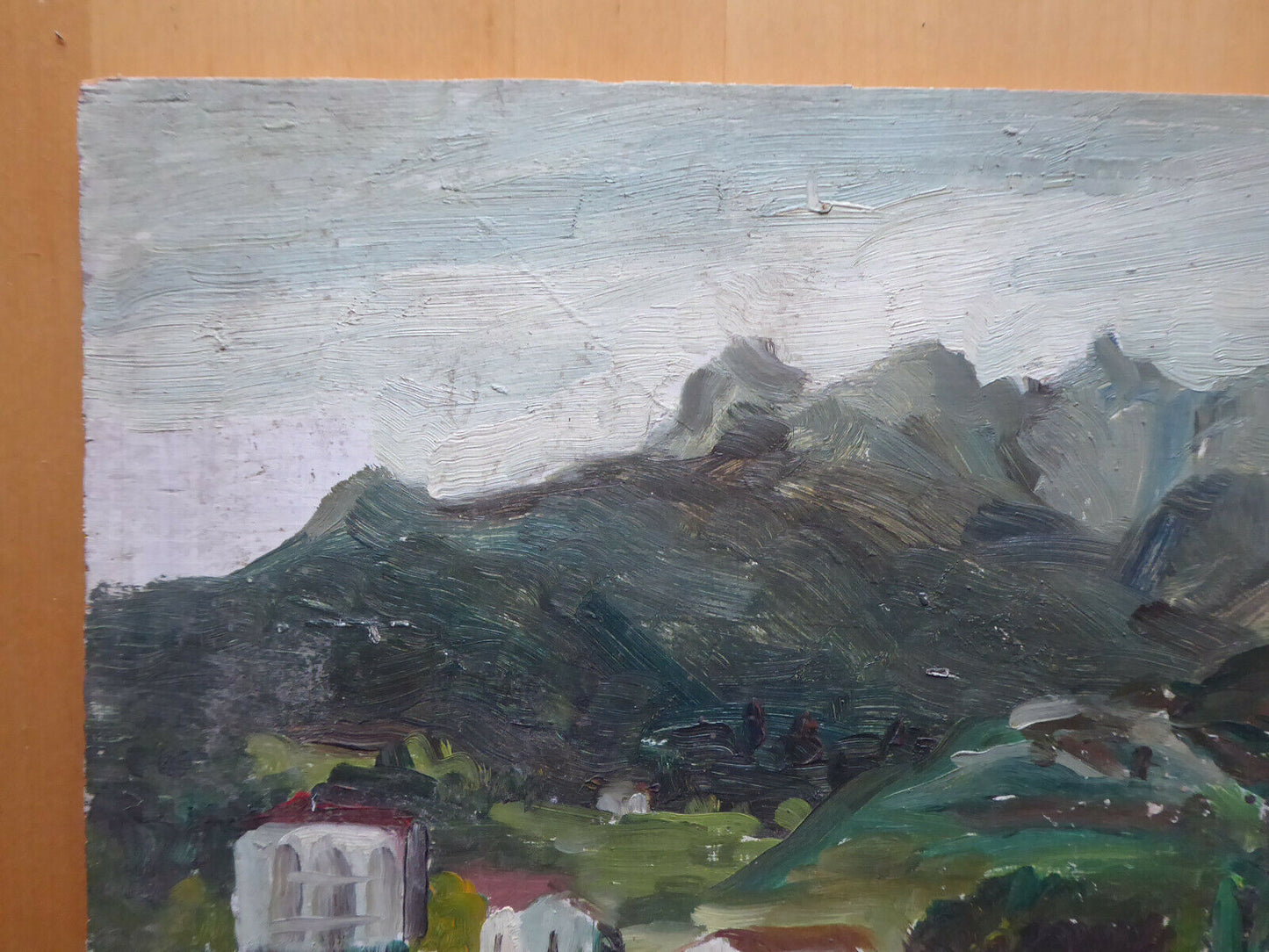 OLD OIL PAINTING ON VINTAGE PANEL SPAIN MID 20TH CENTURY COUNTRYSIDE LANDSCAPE MD2 