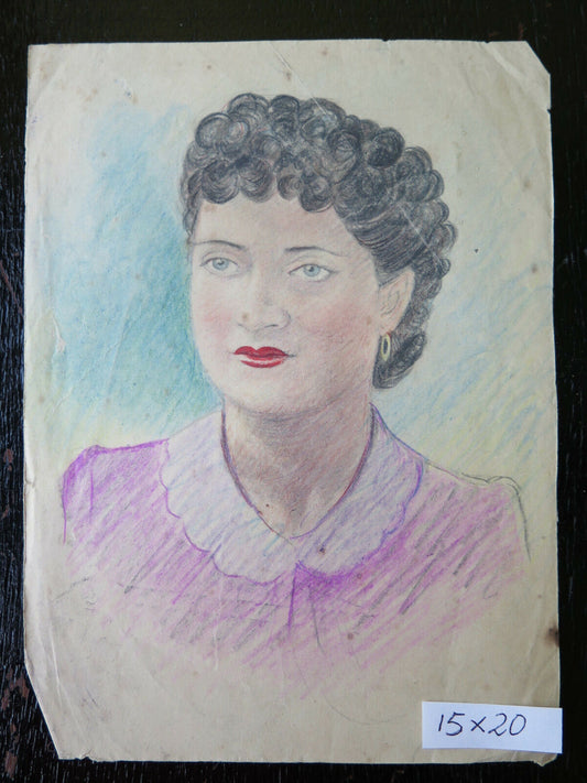 ANTIQUE FEMALE PORTRAIT PENCIL DRAWING ON PAPER 1940s 1940s P28