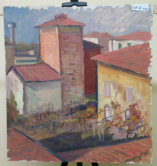 47x51 cm QUADRO VINTAGE DIPINTO AD OLIO PAESAGGIO VEDUTA DI PAESE EMILIA P32